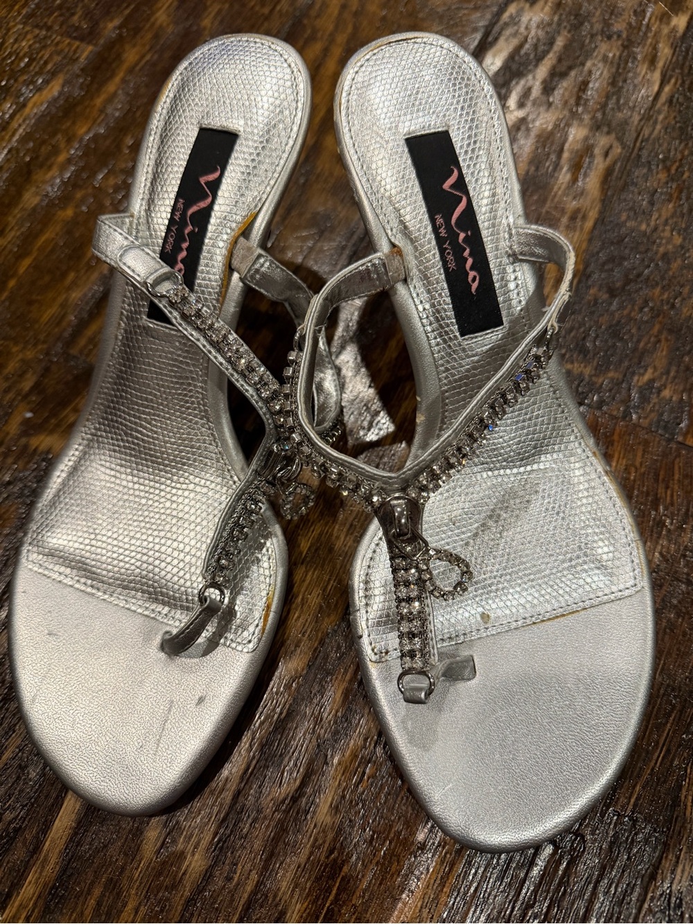 Nina New York Silver Crystal T-Strap Sandals